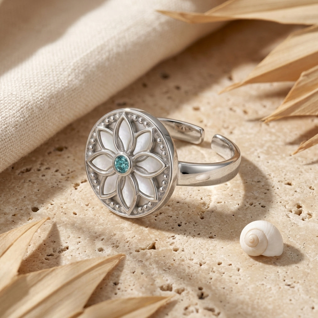 925 Silver Emerald Flower Ring