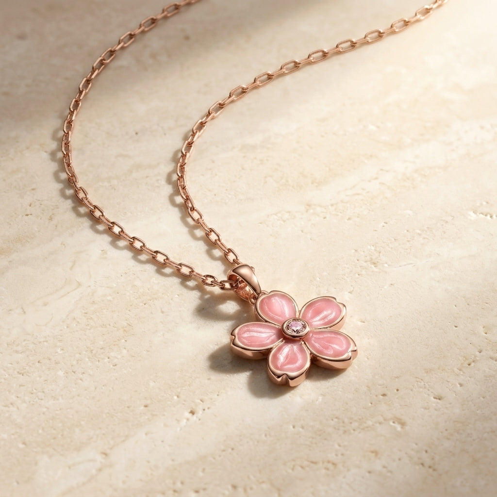 Rose Gold Flower Pendant Necklace 925 Silver