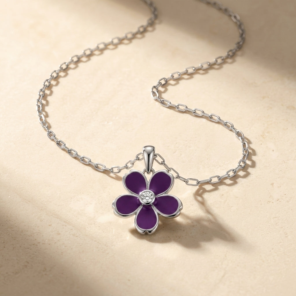 Purple Flower Pendant Necklace 925 Silver