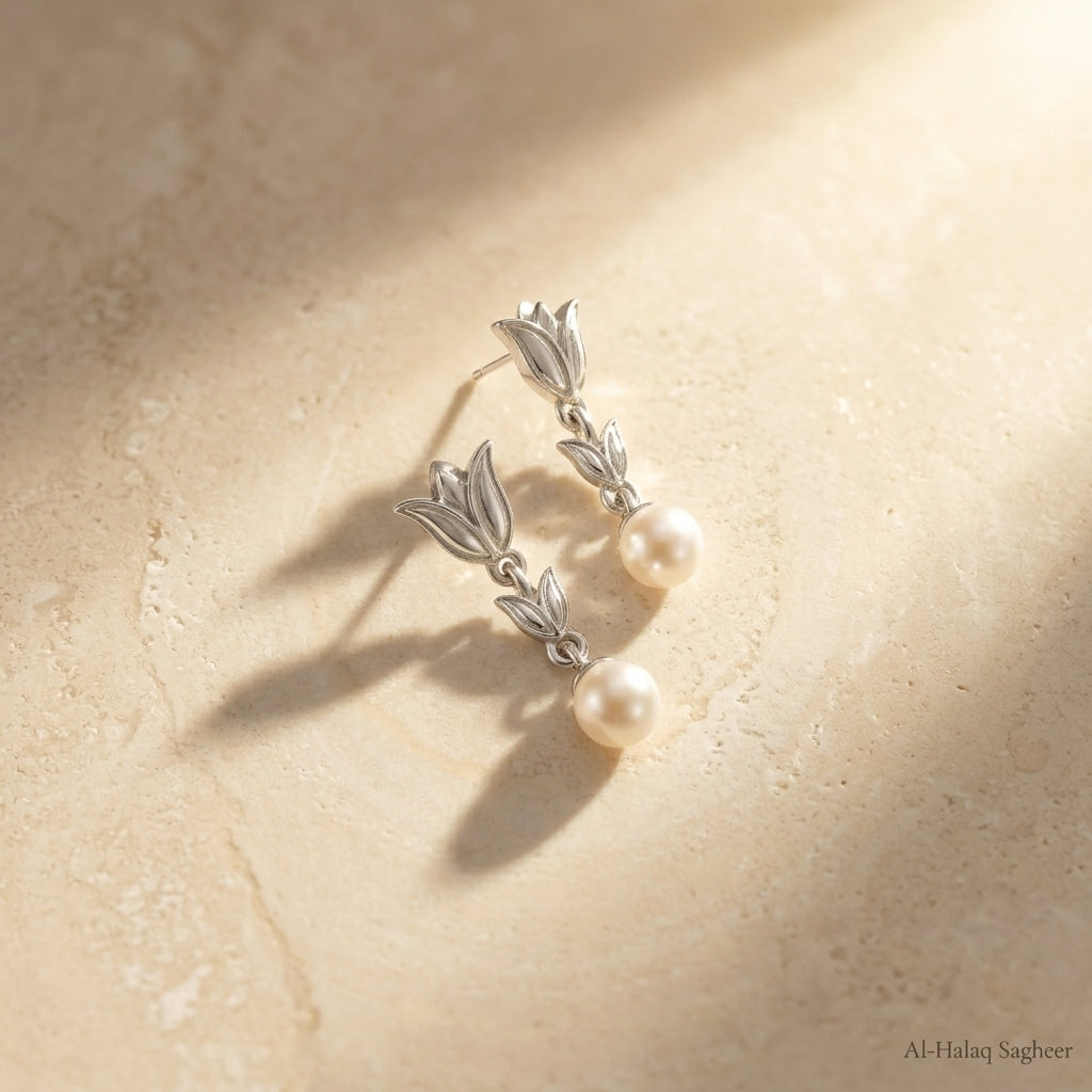 Lotus Flower Earrings with Dangling Pearl – 925 Silver