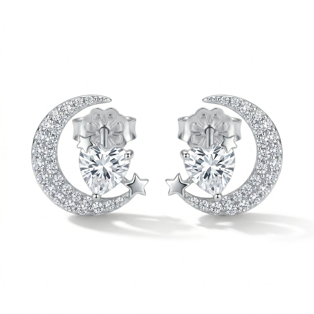 Sparkling Heart Crescent Moon Stud Earrings
