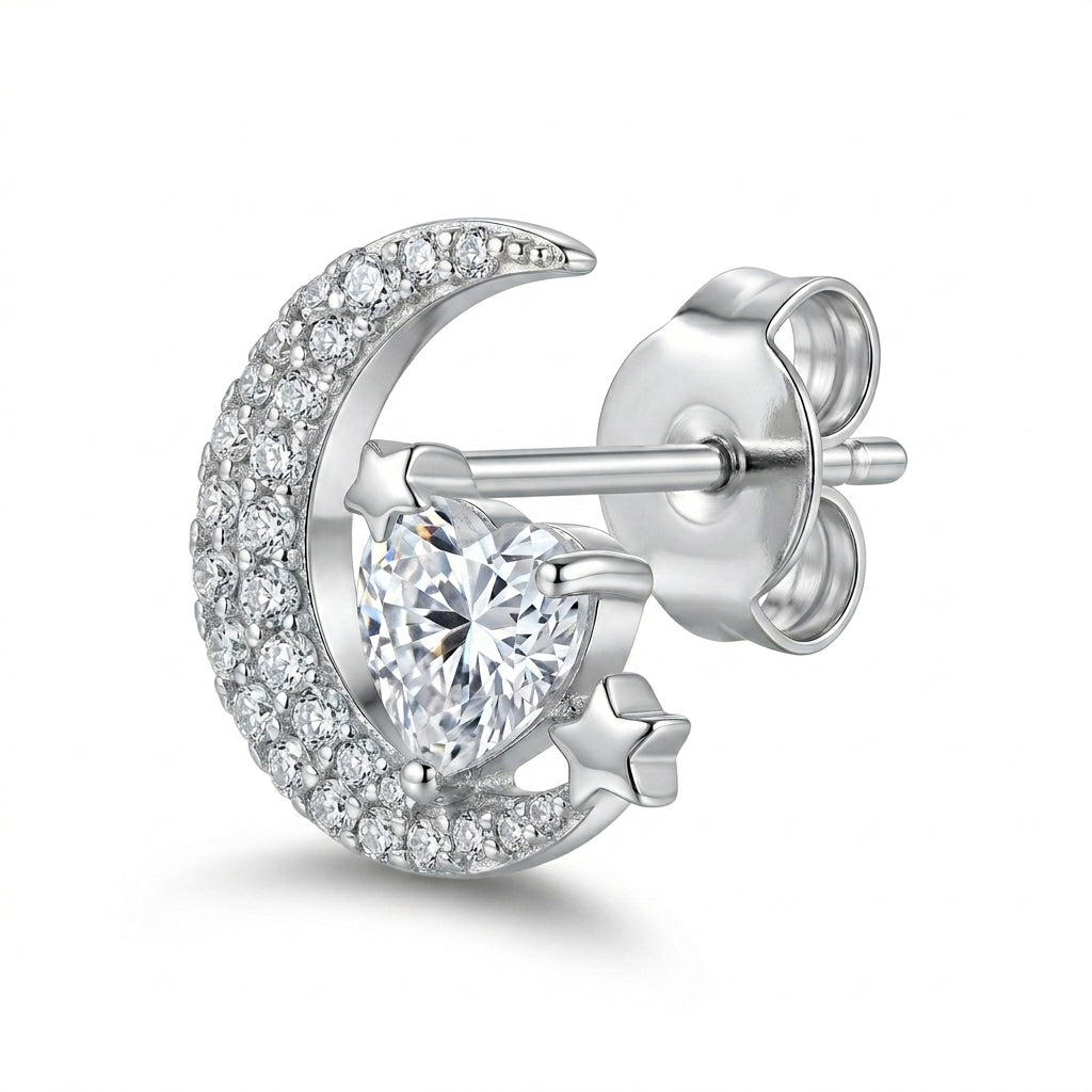 Sparkling Heart Crescent Moon Stud Earrings