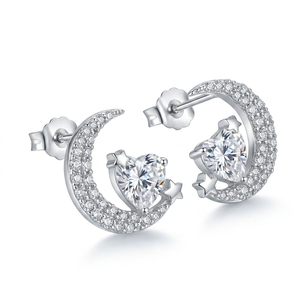 Sparkling Heart Crescent Moon Stud Earrings