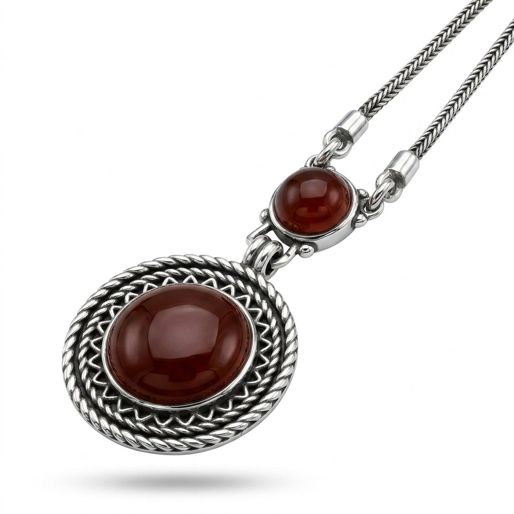 925 Silver Necklace with a Heritage Design and an Oval Agate Stone