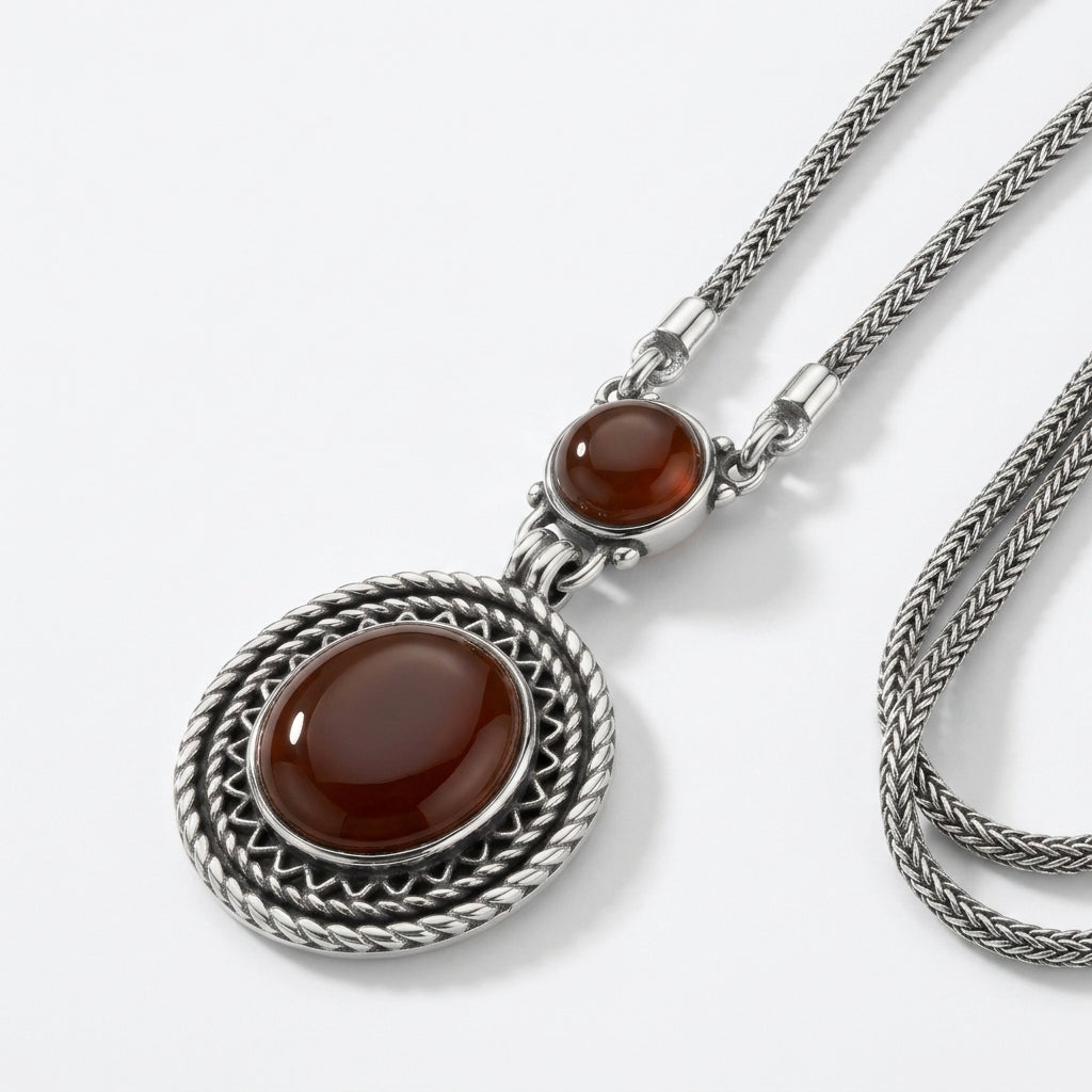 925 Silver Necklace with a Heritage Design and an Oval Agate Stone