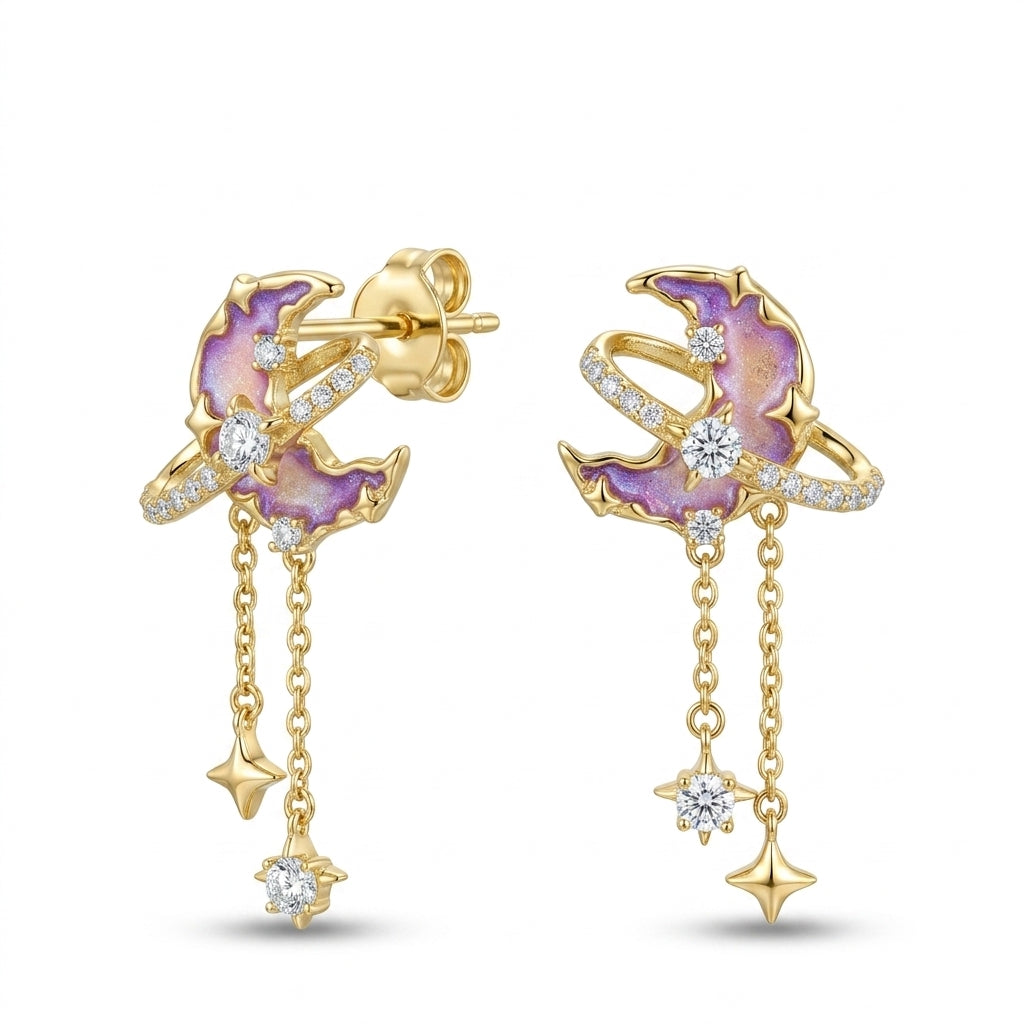 Crescent Moon Earrings with Dangling Stars