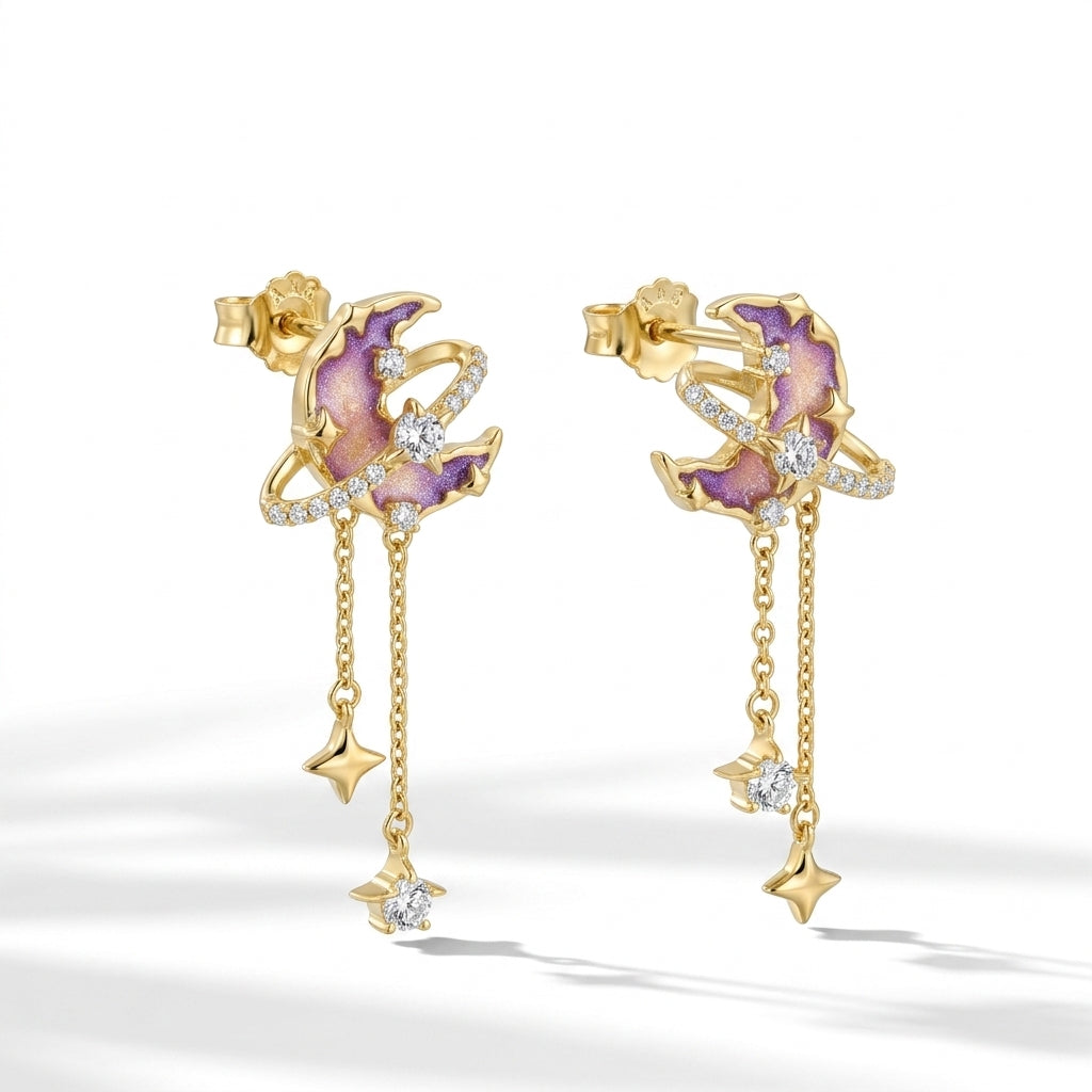 Crescent Moon Earrings with Dangling Stars