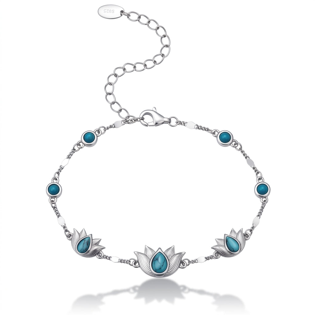 925 Silver Ancient Egyptian Lotus Flowers Bracelet with Turquoise Stones
