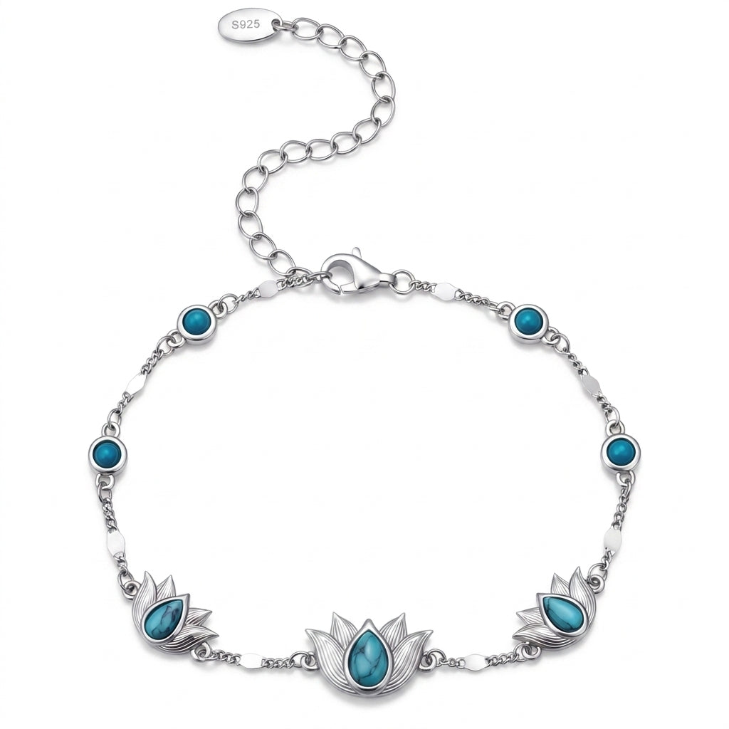 925 Silver Ancient Egyptian Lotus Flowers Bracelet with Turquoise Stones