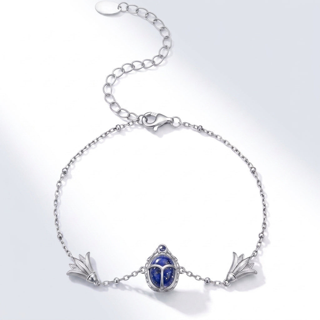 925 Silver Ancient Egyptian Scarab Bracelet with Blue Stone & Lotus Flower