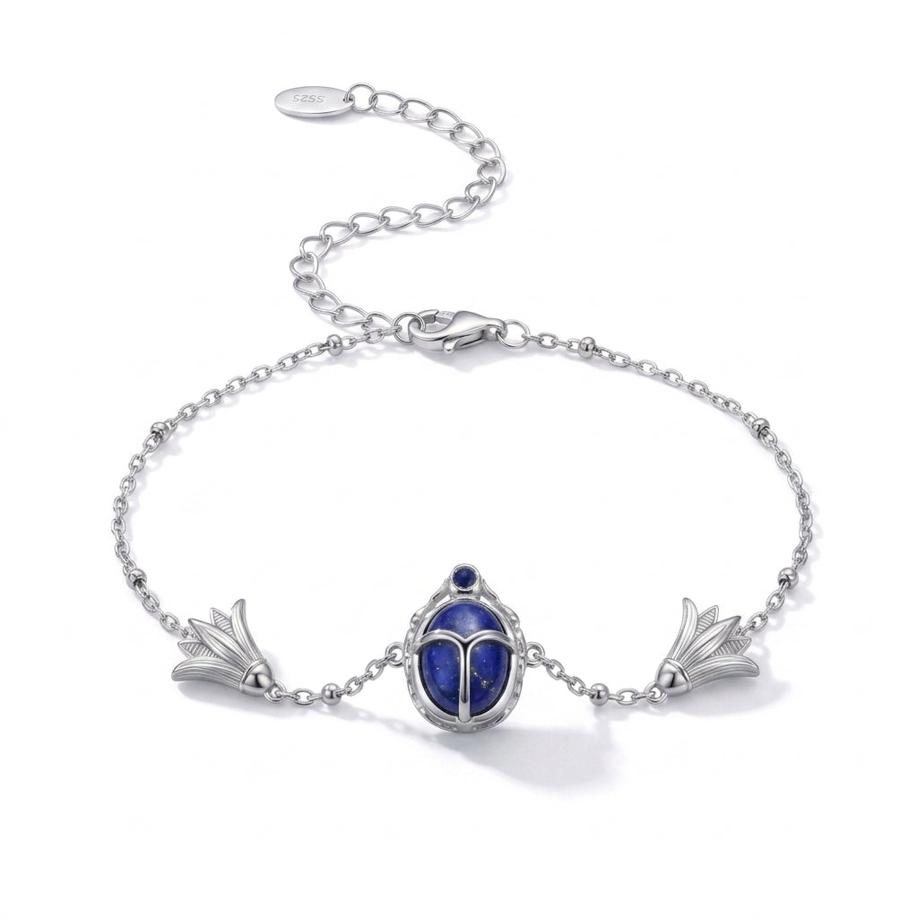 925 Silver Ancient Egyptian Scarab Bracelet with Blue Stone & Lotus Flower