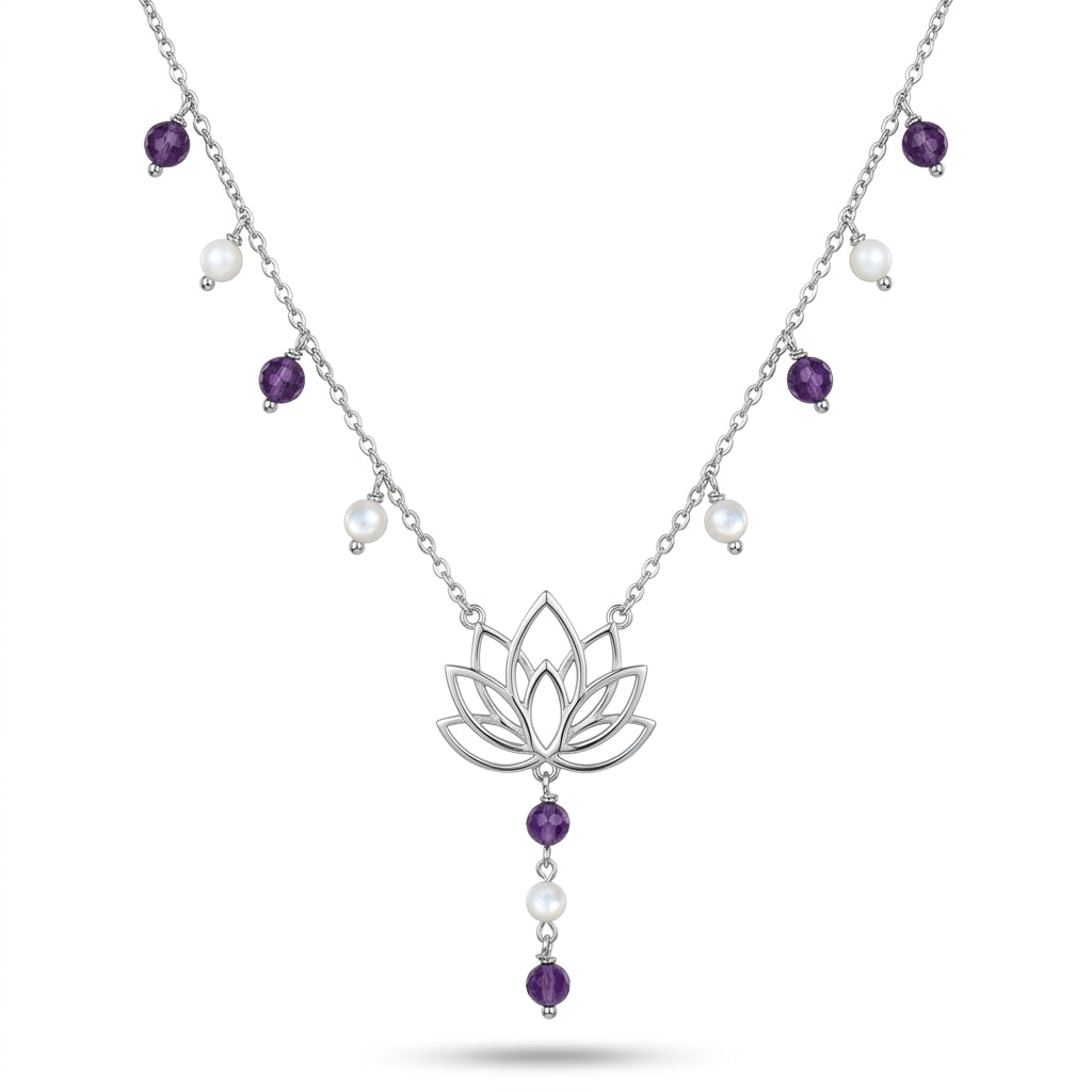 Lotus Flower Necklace with Purple Beads & Pearls in 925 Silver