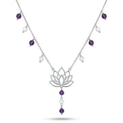 Lotus Flower Necklace with Purple Beads & Pearls in 925 Silver