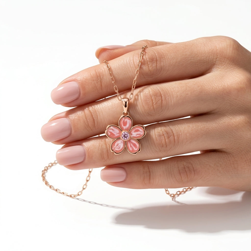 Rose Gold Flower Pendant Necklace 925 Silver