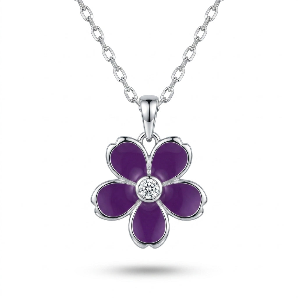 Purple Flower Pendant Necklace 925 Silver