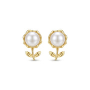 925 Silver Flower And Pearl Earrings - Gold Plated