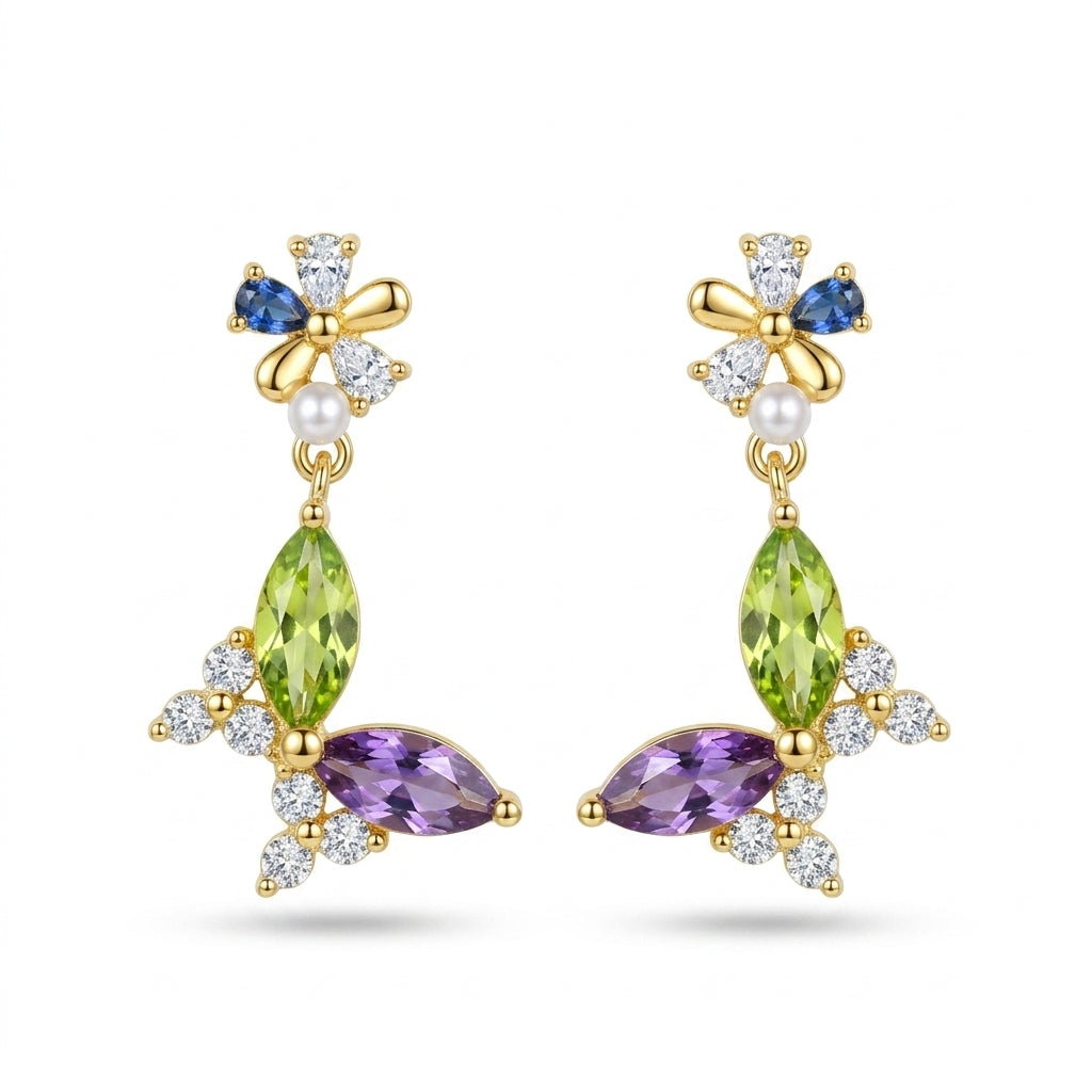 Colorful Butterfly Design 925 Silver Earrings - Gold Plated