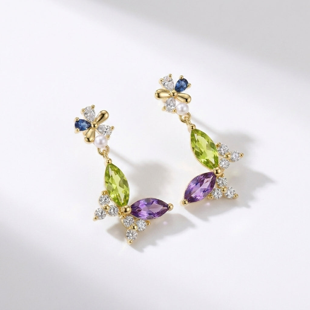 Colorful Butterfly Design 925 Silver Earrings - Gold Plated