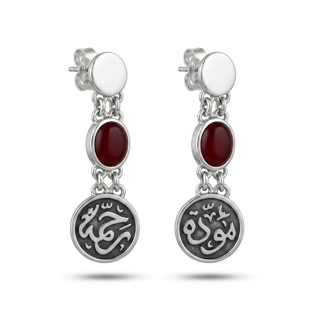Mawadda and Rahma with Red Agate Stones 925 Silver Earrings