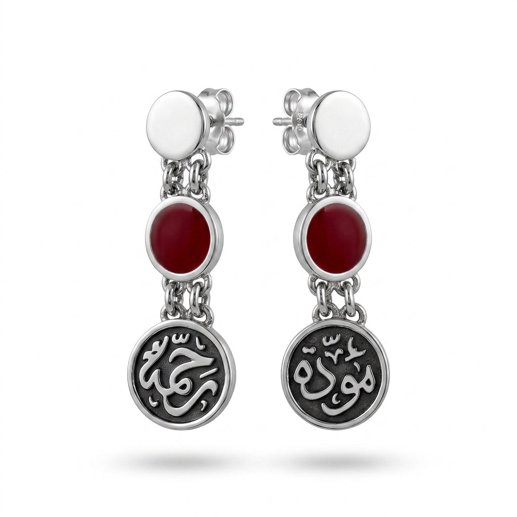 Mawadda and Rahma with Red Agate Stones 925 Silver Earrings