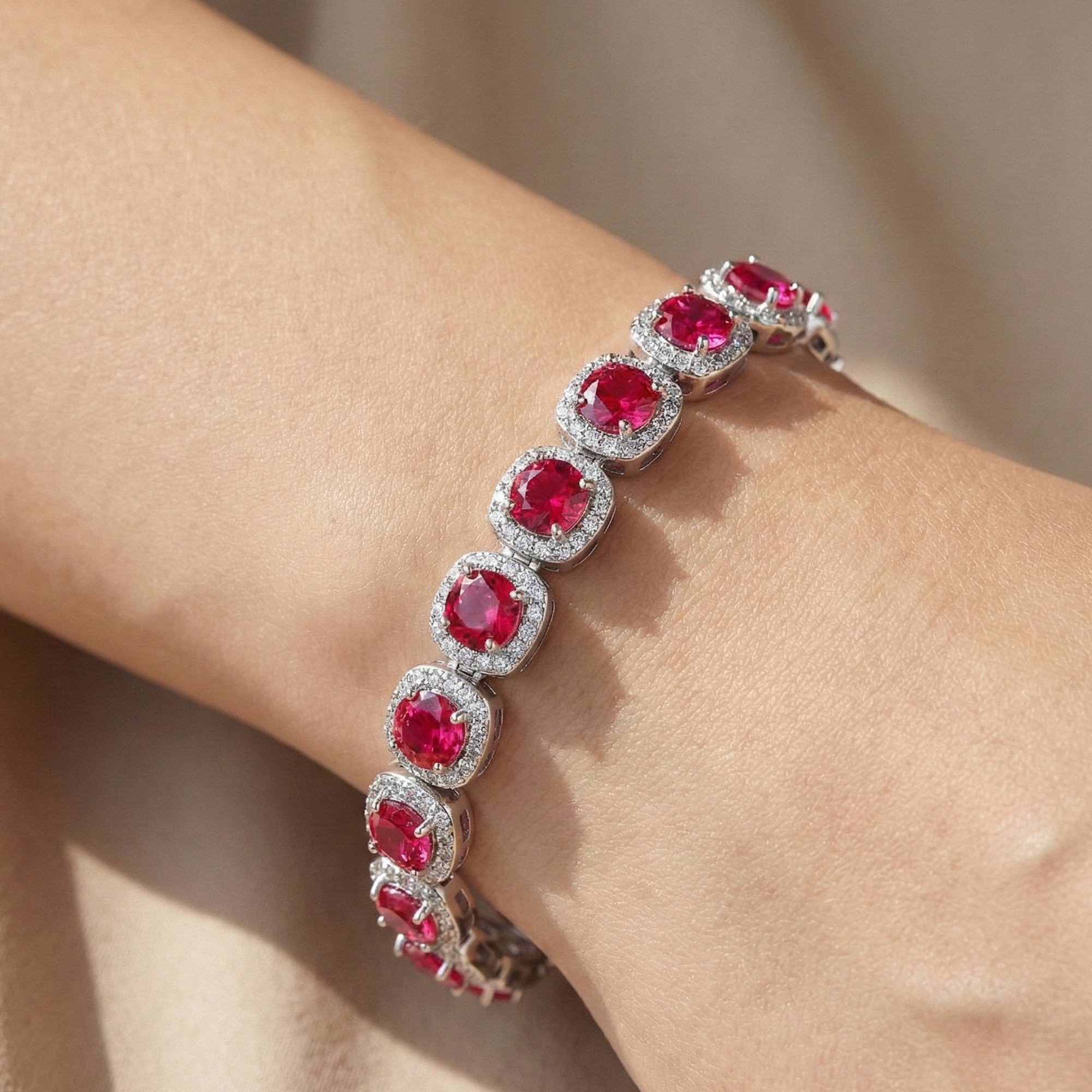 925 Sterling Silver Bracelet with Red Stones