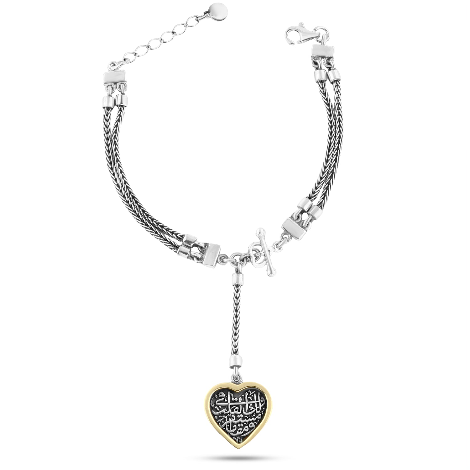 انسيال بسلسلة مزدوجة ودلاية قلب محفورة مطلية ذهب فضة عيار 925
