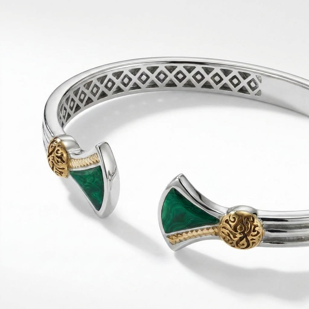 925 Silver Lotus Flower Bangle With Green Malachite Stone