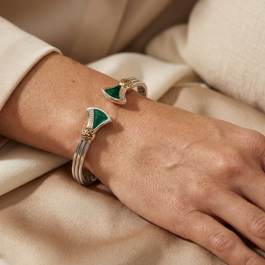 925 Silver Lotus Flower Bangle With Green Malachite Stone