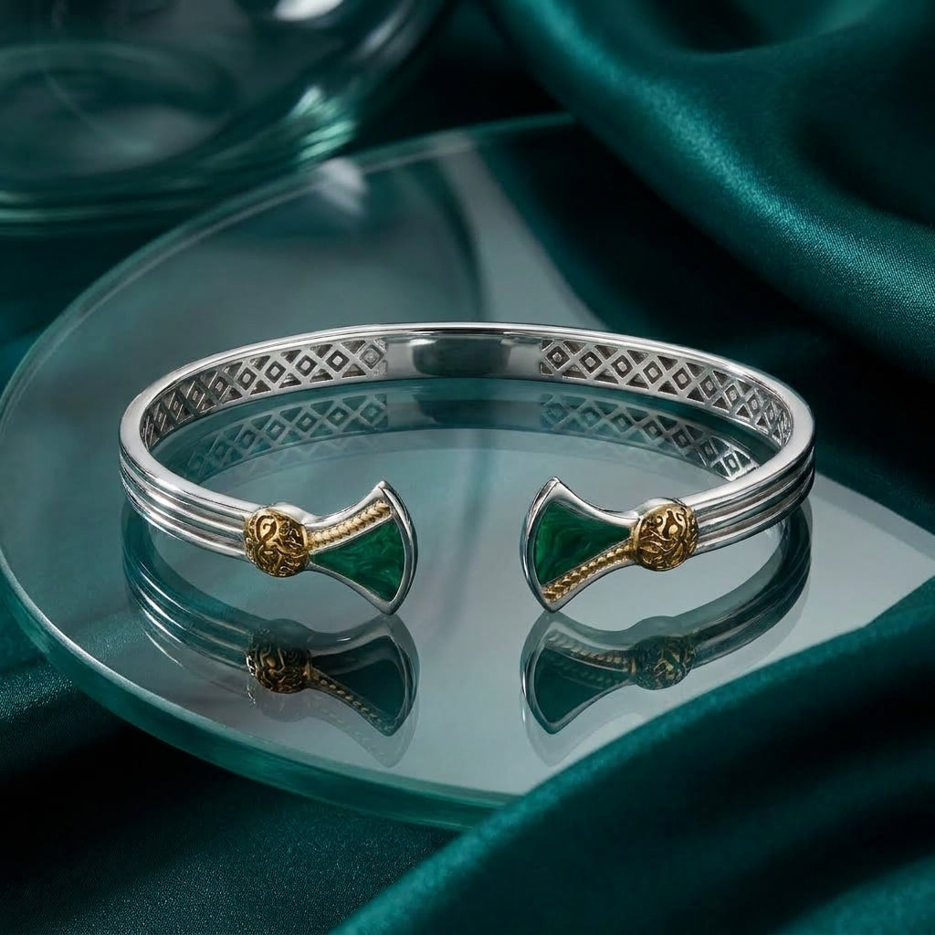 925 Silver Lotus Flower Bangle With Green Malachite Stone