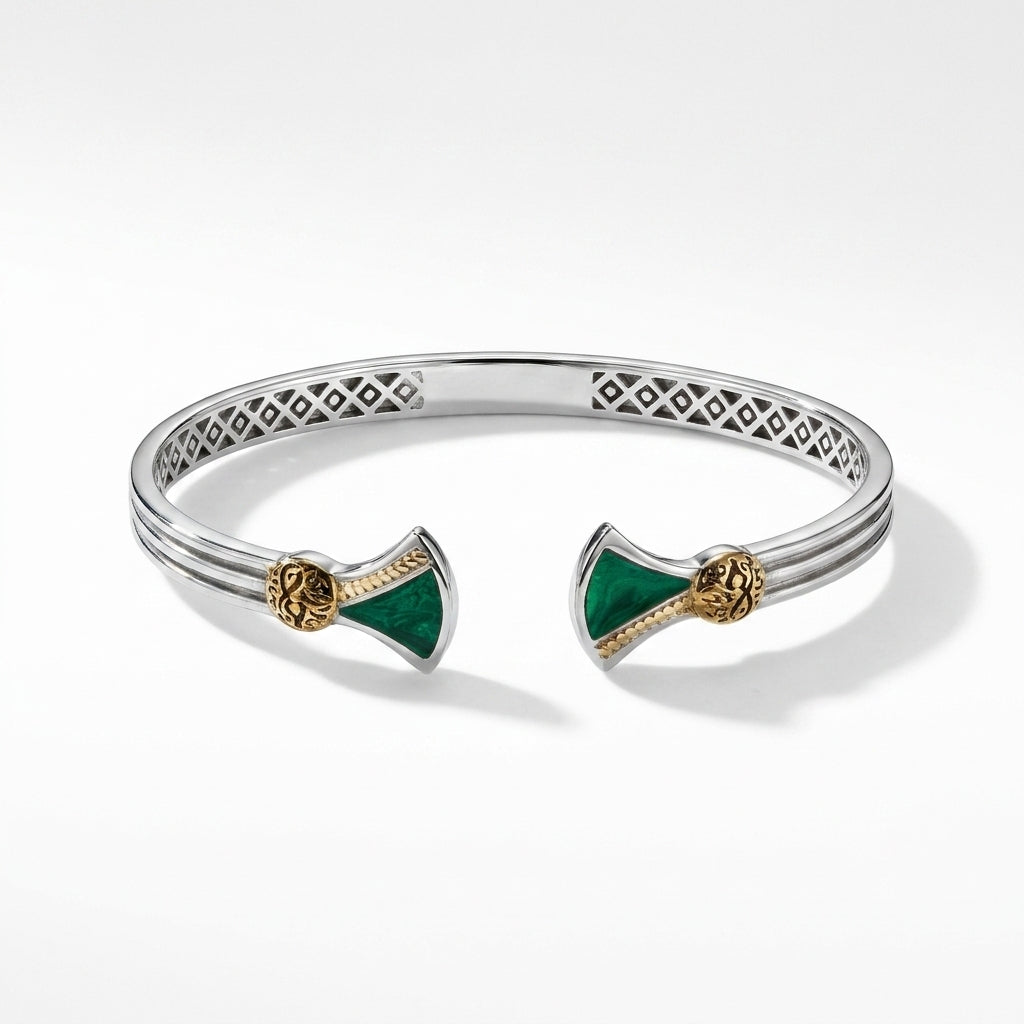 925 Silver Lotus Flower Bangle With Green Malachite Stone