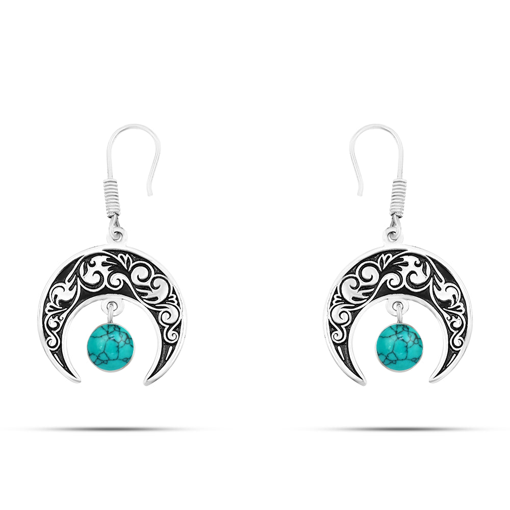 حلق فضة 925 بتصميم هلال مزخرف بحجر فيروز