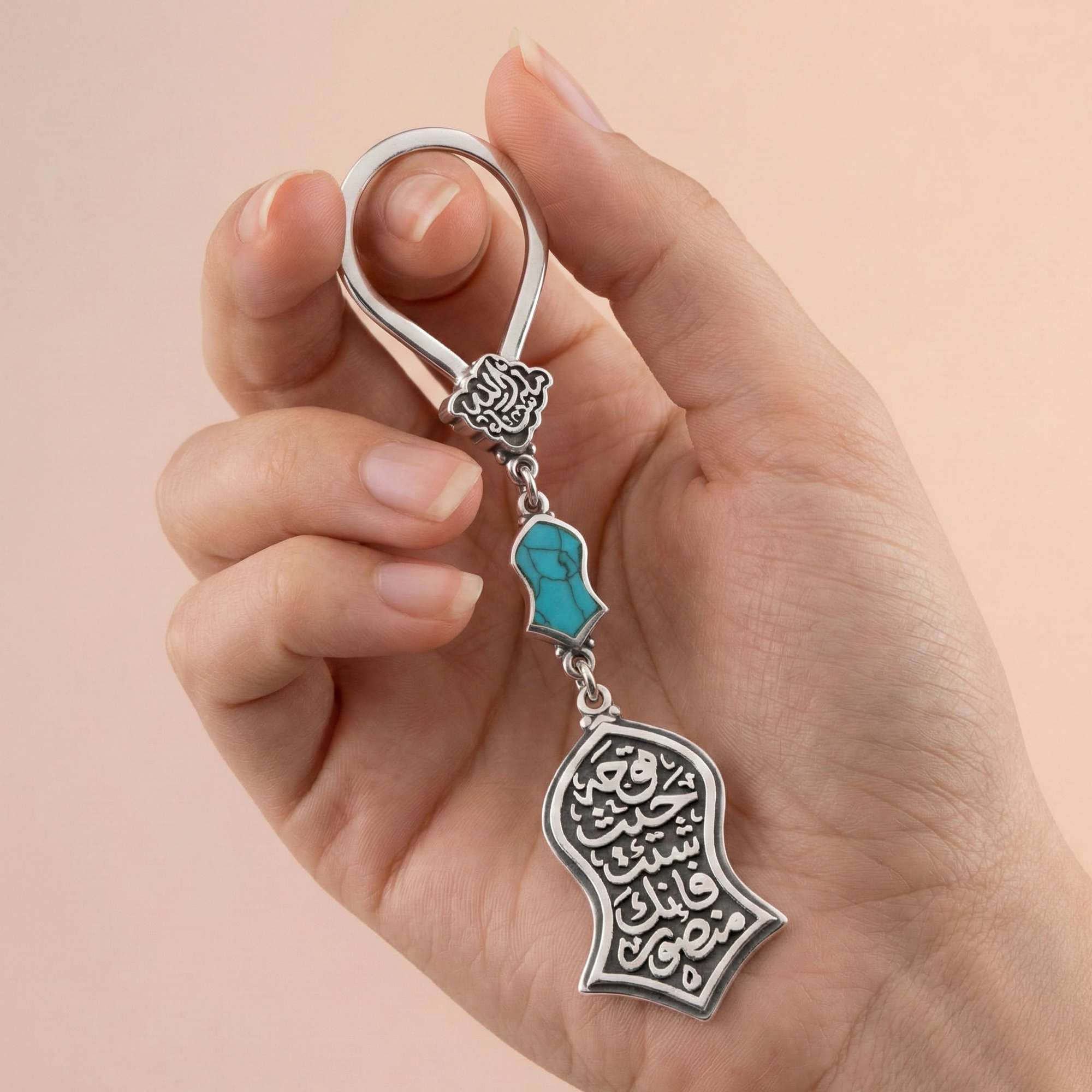 800 Silver Keychain – “Go Wherever You Wish, You Are Victorious” with Turquoise Stone