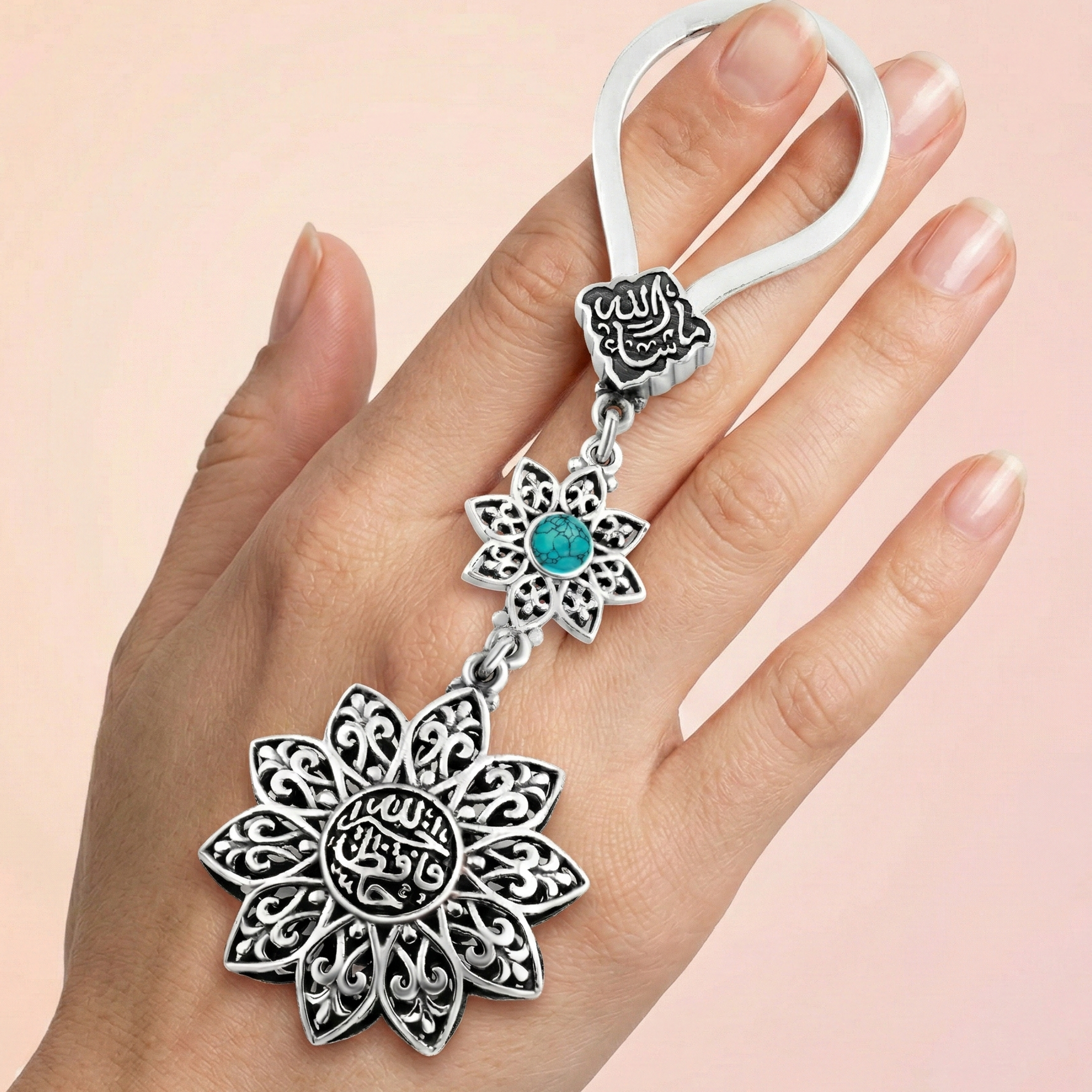 “Arabic Engraved Floral Pendant with Turquoise Stone” – 800 Silver