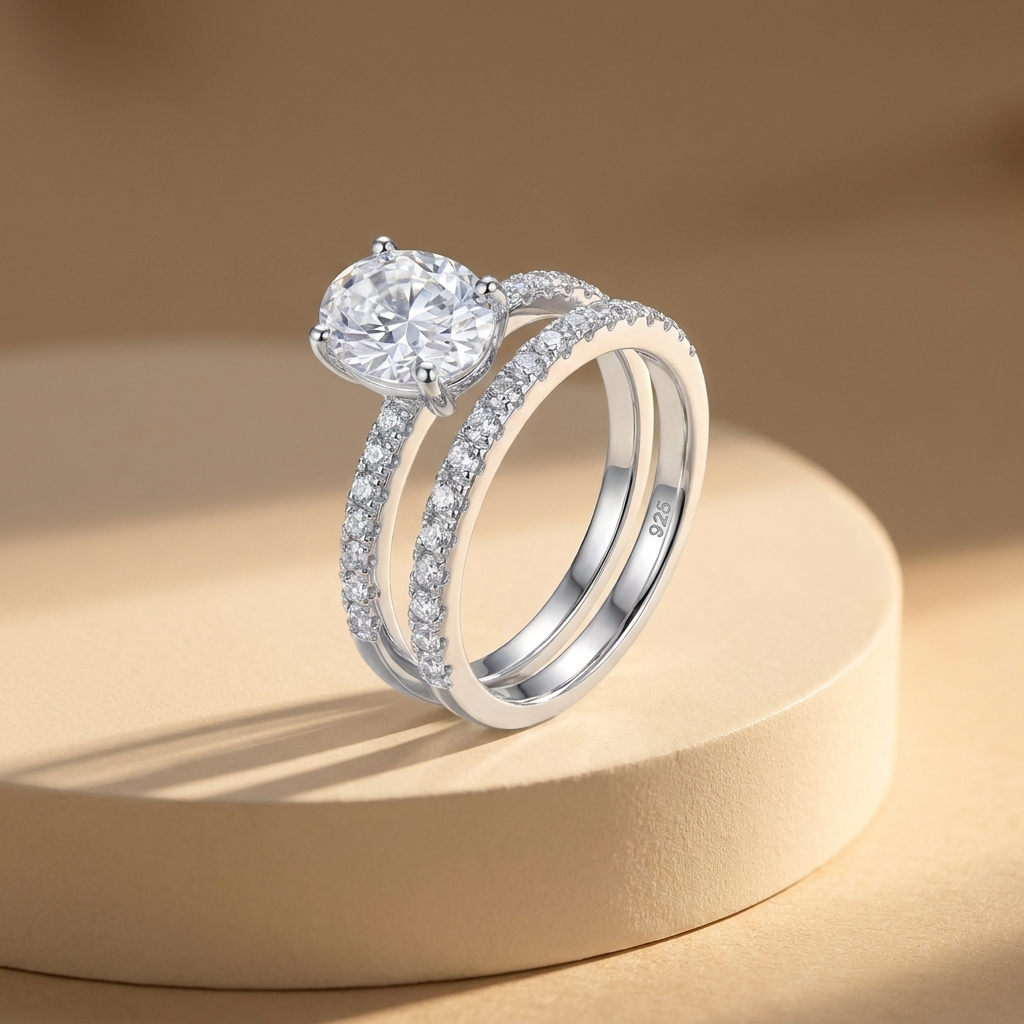 925 Silver Twin Ring with a Sparkling Round Stone – Luxurious Design