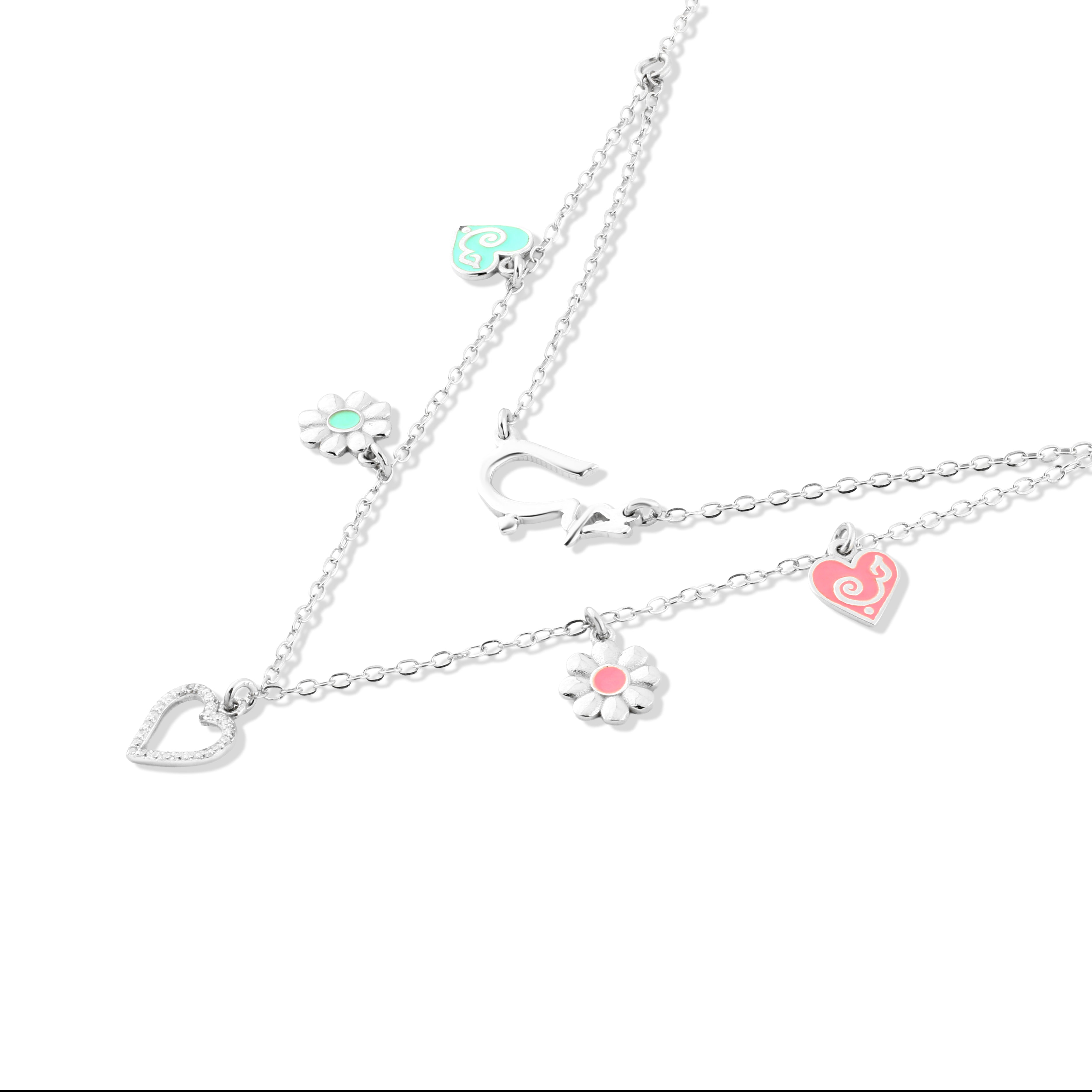 عقد فضة عيار 925 متعدد الطبقات بكلمة حب و قلوب وزهور