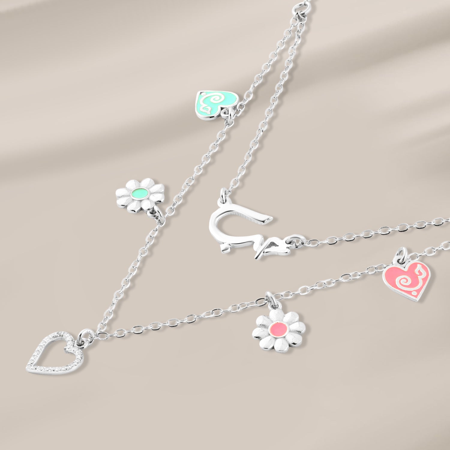 925 Silver Multi-Layer Necklace with “Love” Word, Hearts, and Flowers
