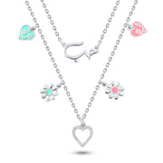 925 Silver Multi-Layer Necklace with “Love” Word, Hearts, and Flowers