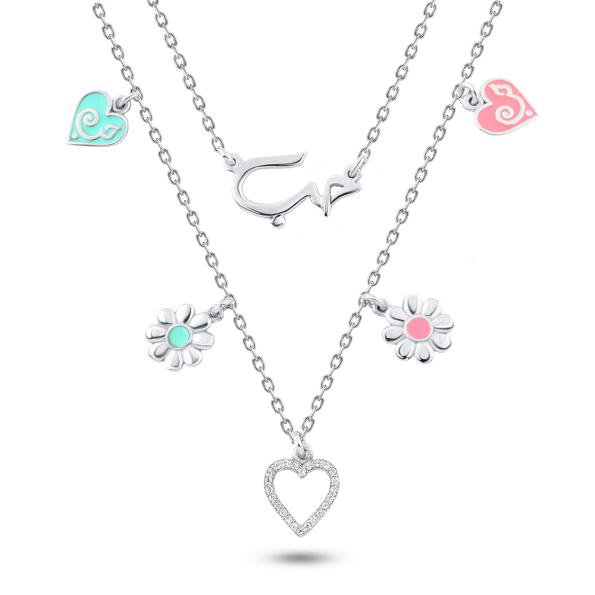 عقد فضة عيار 925 متعدد الطبقات بكلمة حب و قلوب وزهور