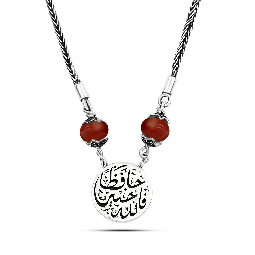 (فالله خير حافظا)(سعاده) عقد فضة مصري حريمي عيار 925 بوجهين, متوج بحجر عقيق