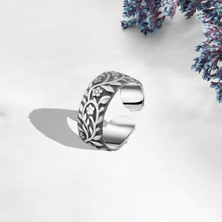 خاتم فضة عيار 925 بنقوش زهرية