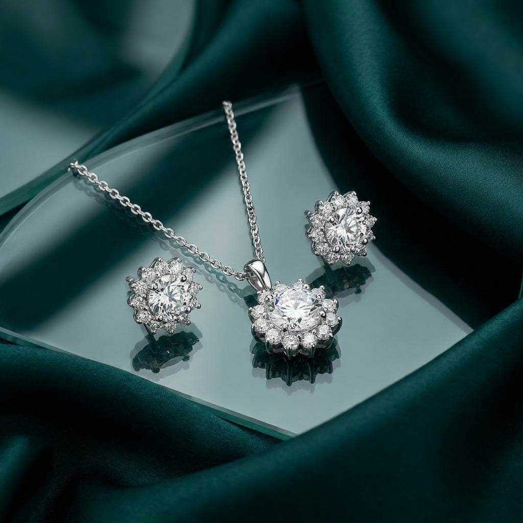 925 Silver Flower Jewelry Set Studded with Zircon