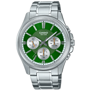 Casio Men's Silver Stainless Steel Band Watch, Green Dial | MTP-1375D-3AVDF