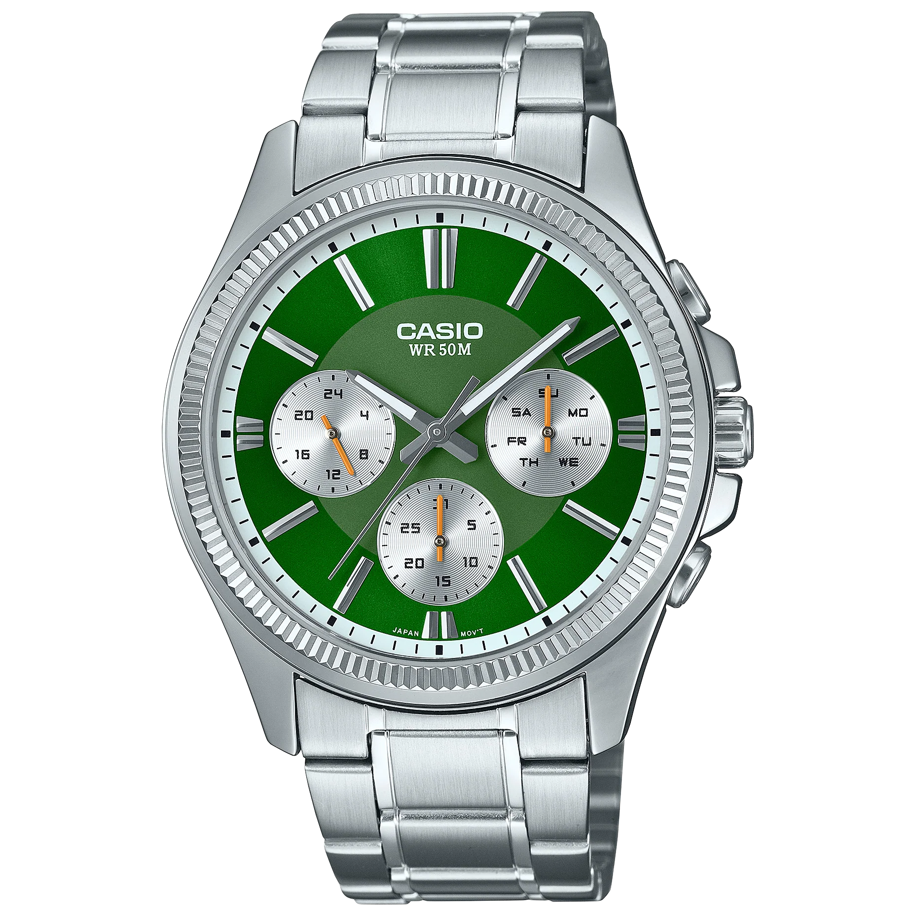 Casio Men's Silver Stainless Steel Band Watch, Green Dial | MTP-1375D-3AVDF