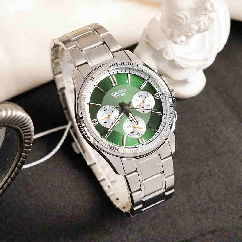 Casio Men's Silver Stainless Steel Band Watch, Green Dial | MTP-1375D-3AVDF