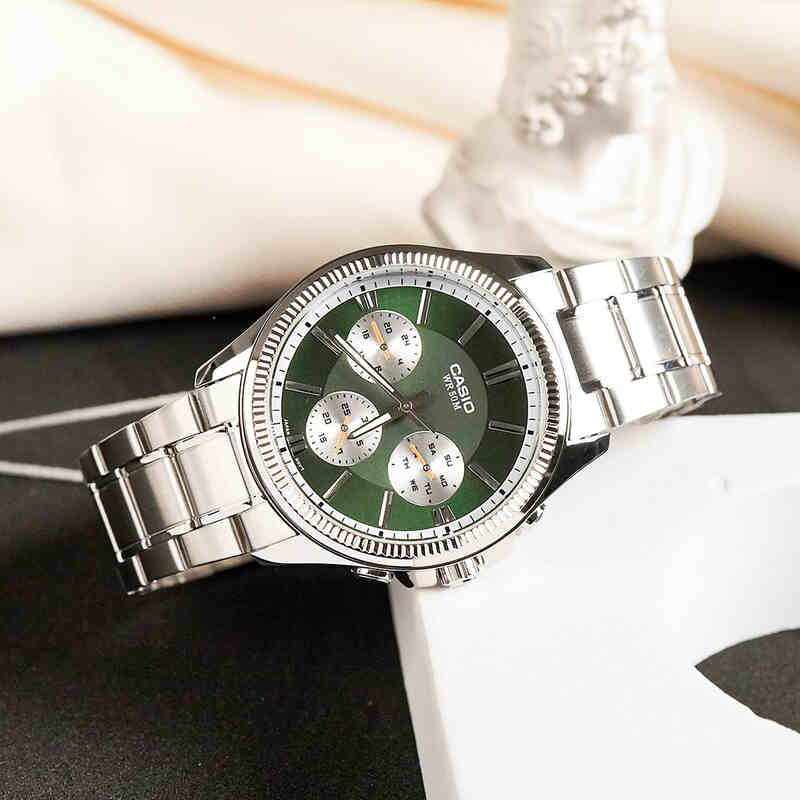 Casio Men's Silver Stainless Steel Band Watch, Green Dial | MTP-1375D-3AVDF