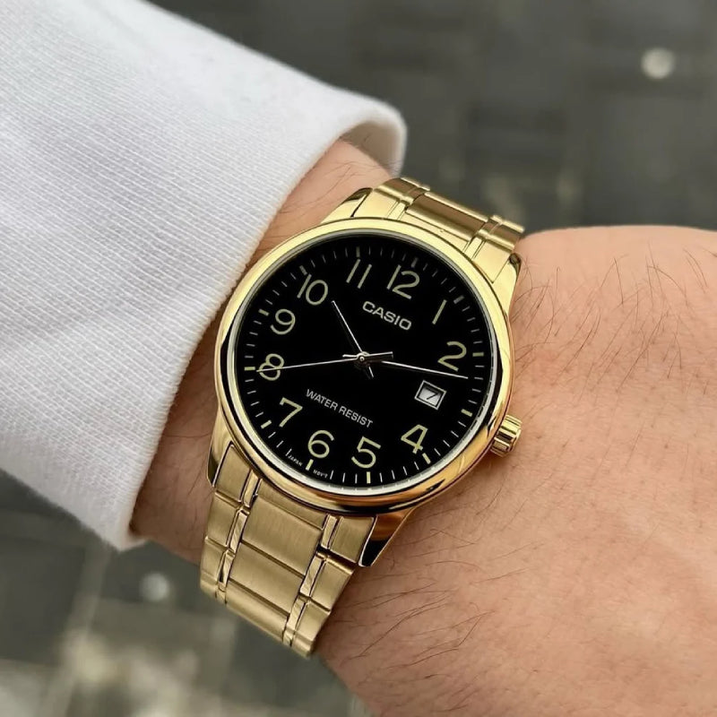 Casio Men's Analog Watch - Black Dial & Gold Stainless Steel Band