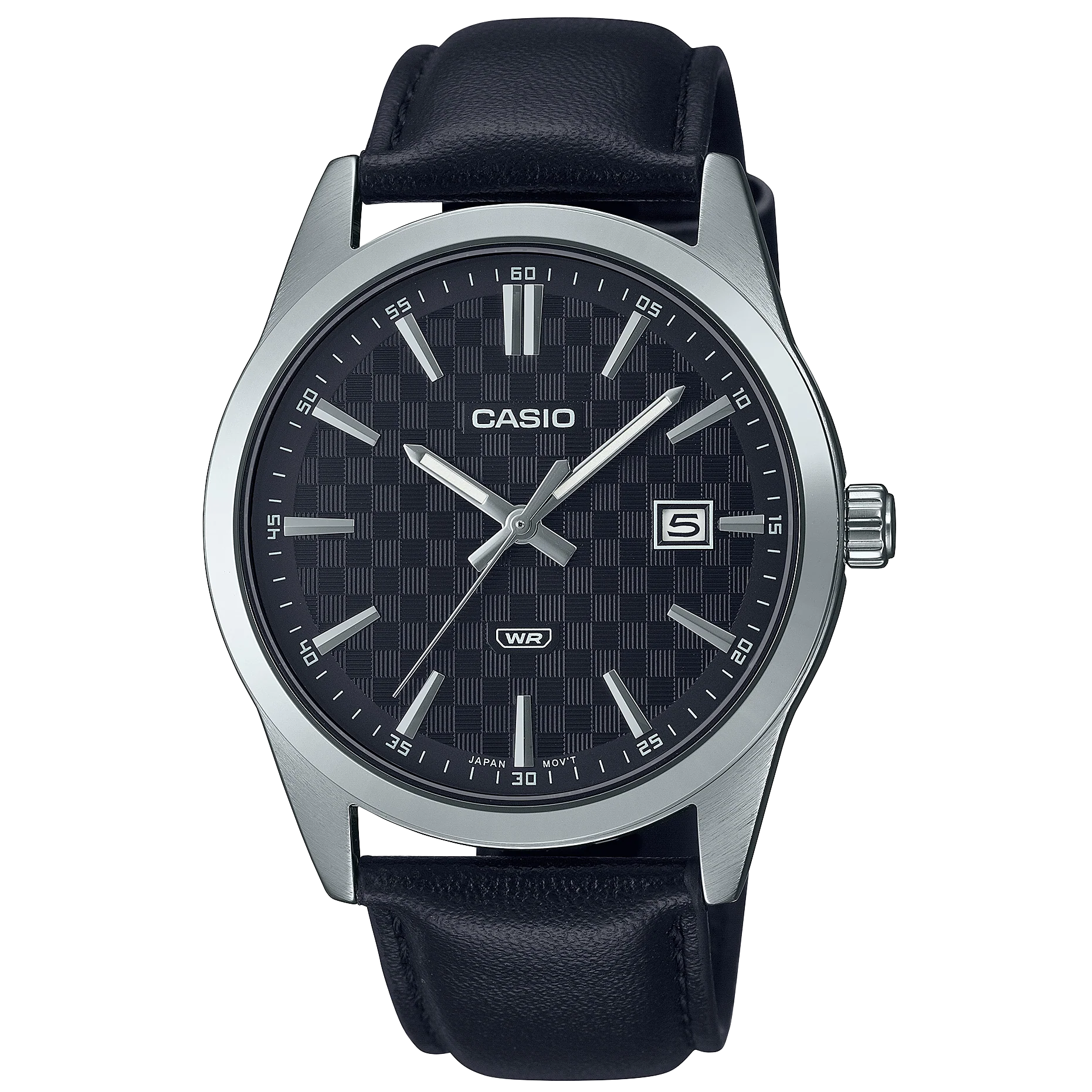 MTP-VD03L-1AUDF – ساعة يد كاسيو كلاسيكية للرجال بسوار جلد أسود وميناء منقوش أسود