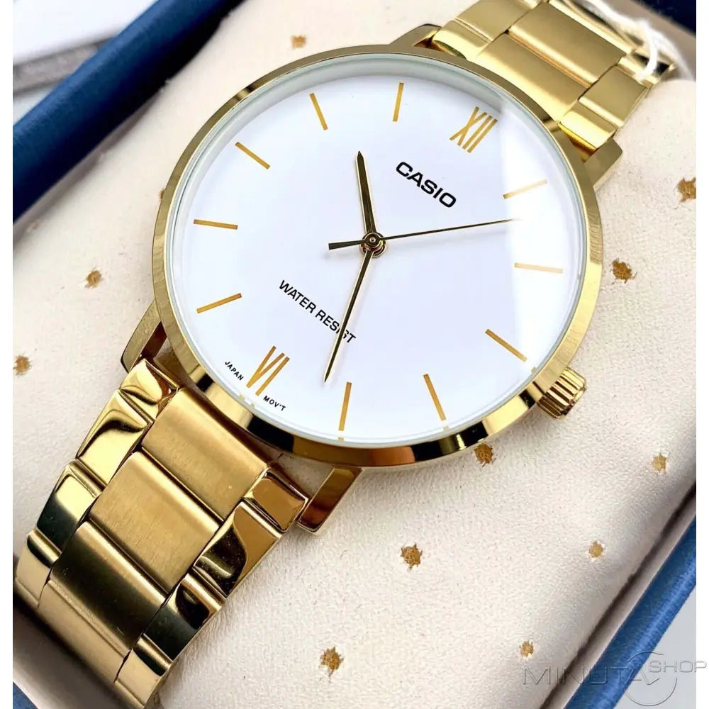 ساعة كاسيو رجالية تناظرية بسوار ستانلس ستيل ذهبي – MTP-VT01G-7BUDF