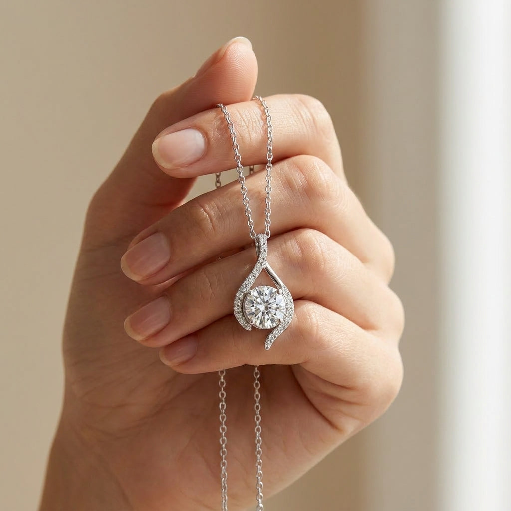 925 Silver Necklace with a Round Stone and Twisted Zircon Details
