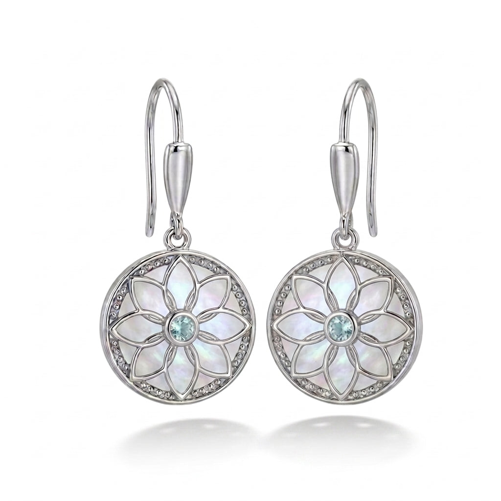 Flower Earrings with Mother of Pearl and Sky Blue Aquamarine Stone 925 Silver